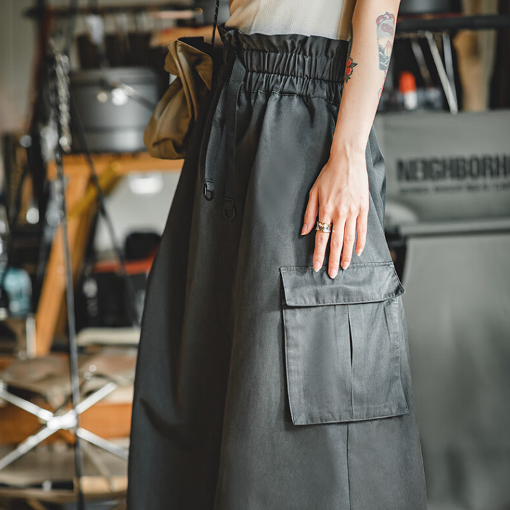 馬登女裝 復古半身長裙高腰顯瘦A字裙百搭口袋工裝傘裙