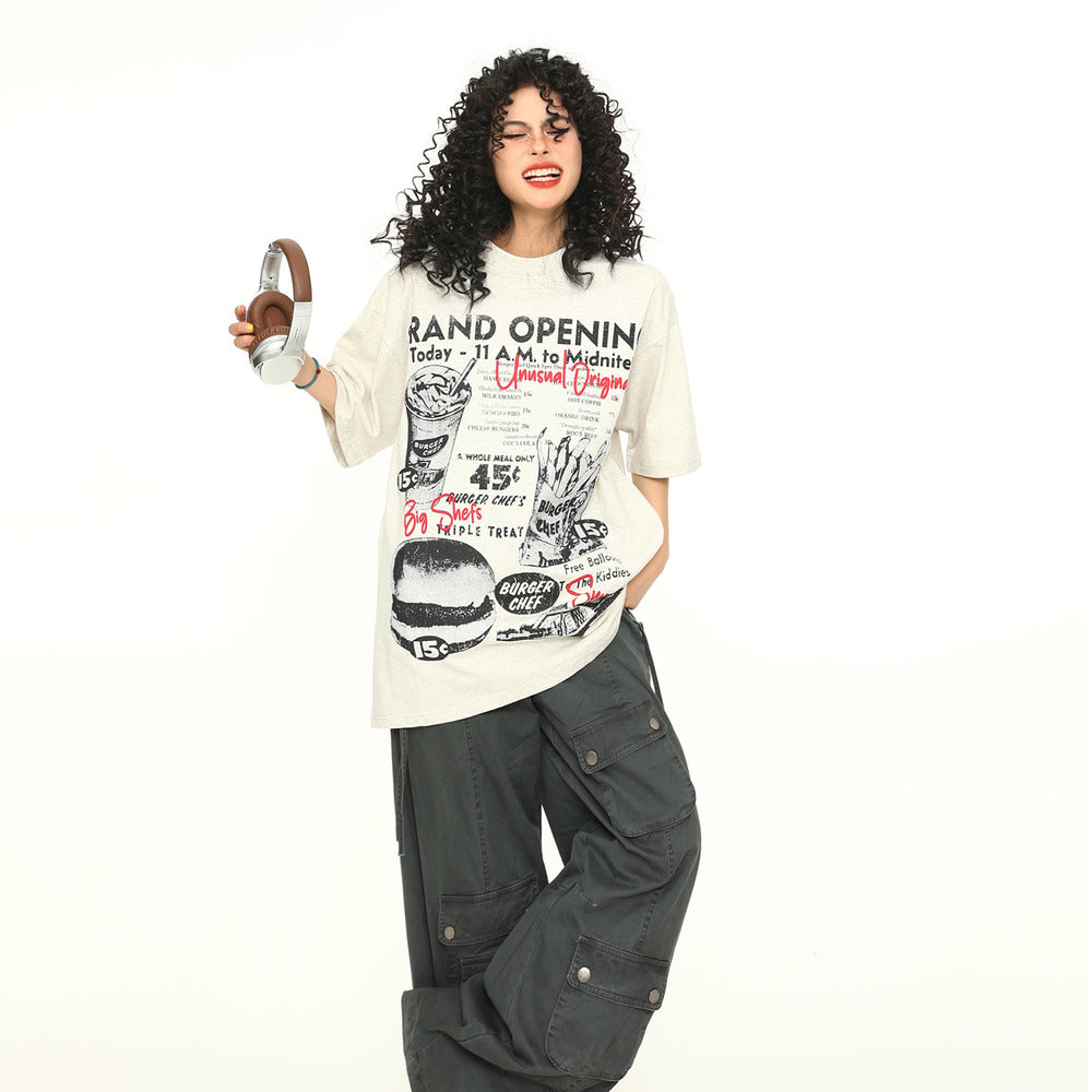 美式復古手繪印花短袖T恤Vintage寬鬆上衣潮