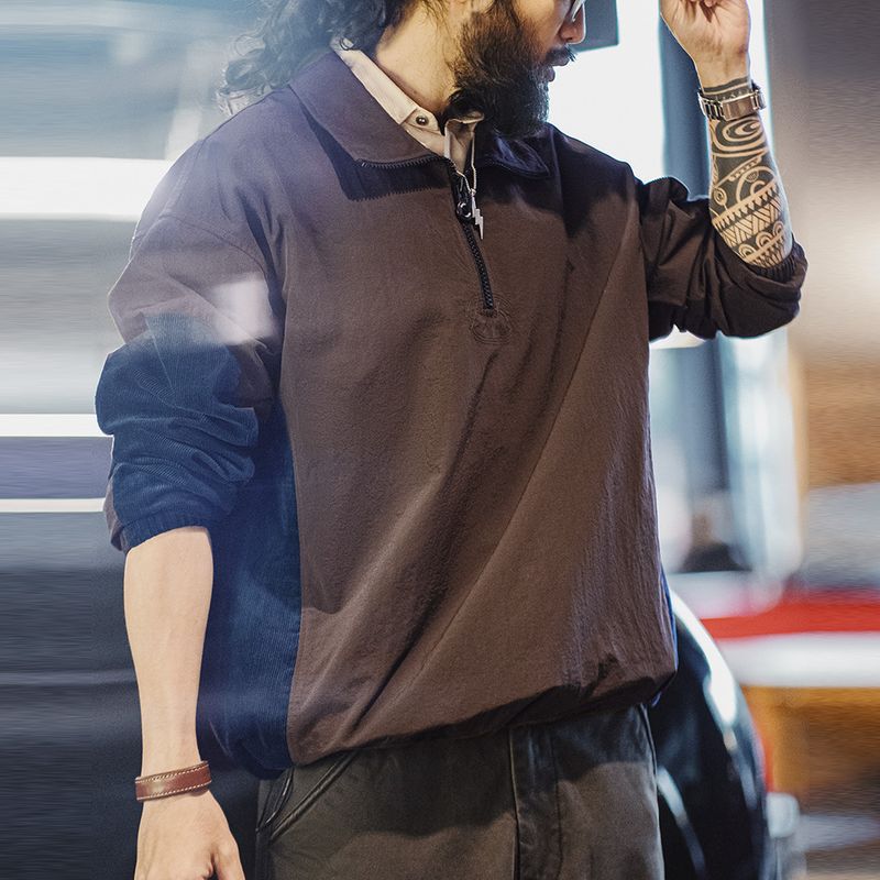 馬登工裝 美式復古拼接半拉鍊夾克翻領撞色戶外燈芯絨褶皺衛衣男春