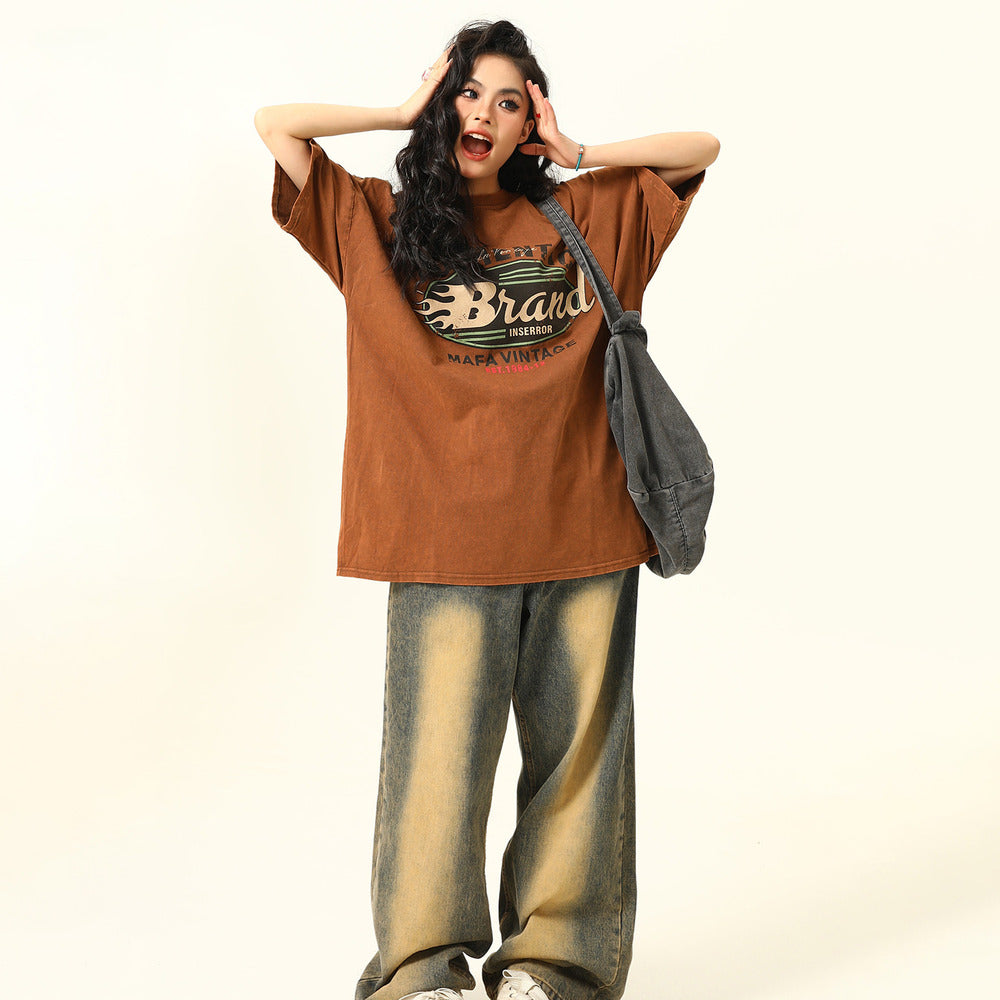 美式復古水洗做舊短袖T恤女高克重Vintage寬鬆潮Tee