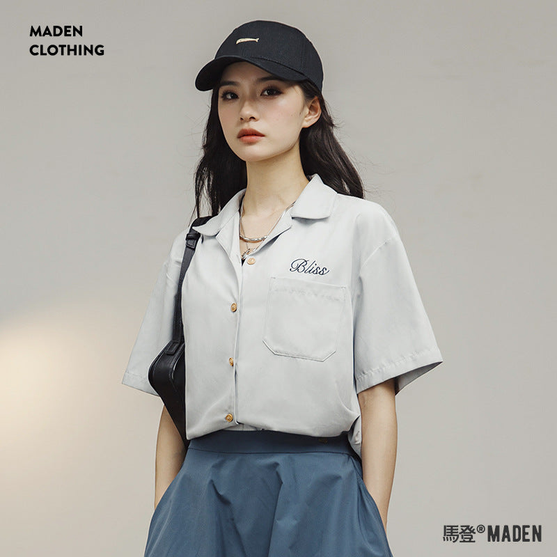 馬登女裝 刺繡古巴領襯衣寬鬆設計感短袖小眾休閒上衣內搭疊穿襯衫