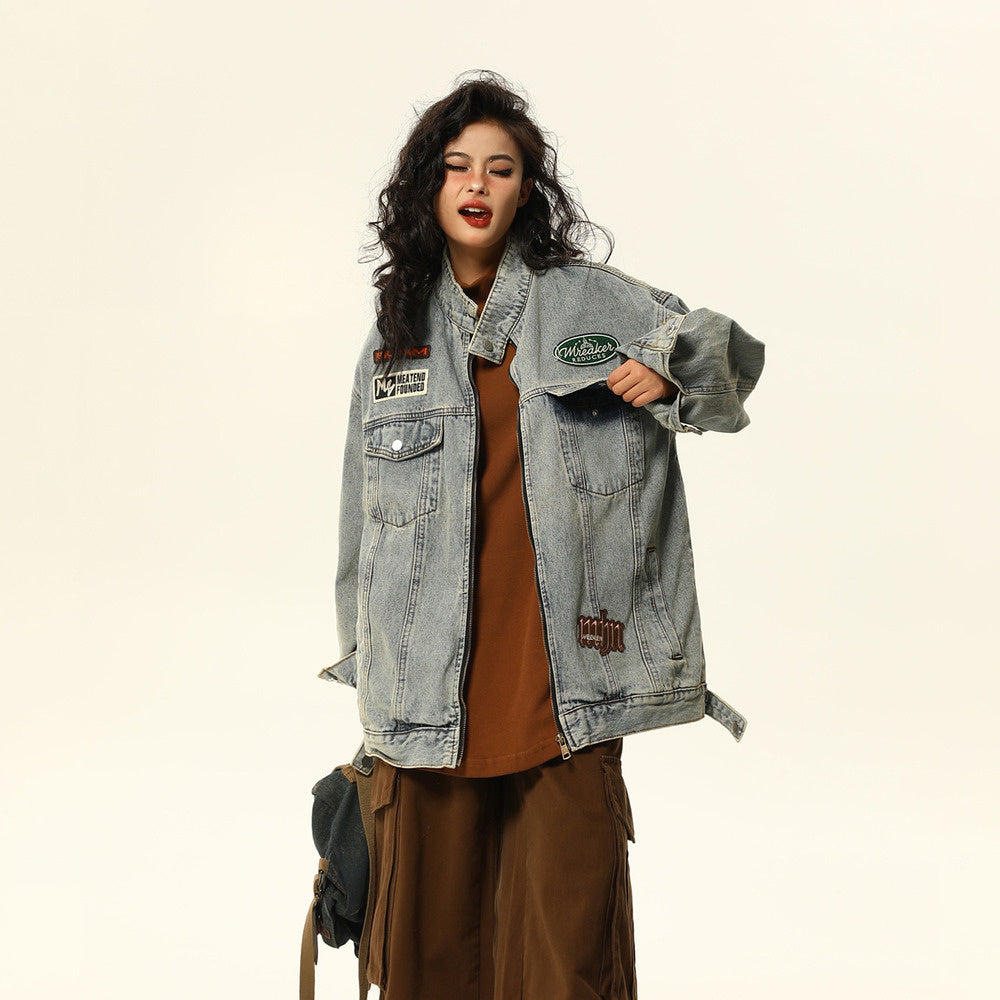 美式復古牛仔外套男女秋季寬鬆休閒vintage立領機車服情侶外套