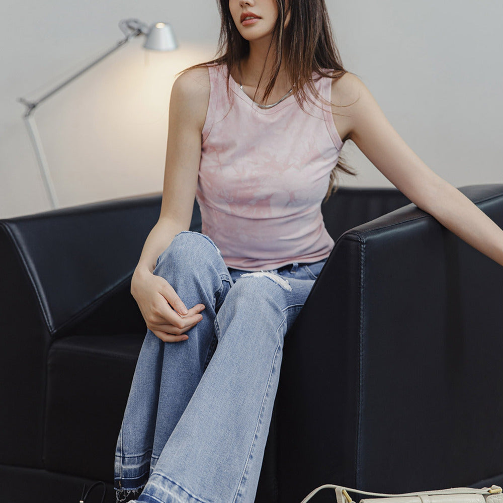 馬登女裝 破洞淺色牛仔褲修身微喇叭褲顯瘦馬蹄褲毛邊長褲