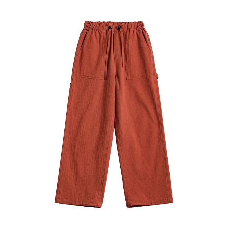 馬登女裝 橘色大口袋薄款鬆緊腰寬鬆直筒伐木工裝褲子純棉休閒長褲