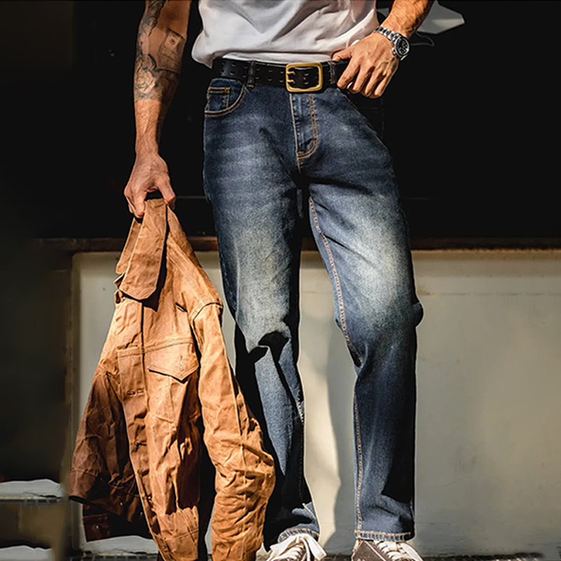 馬登工裝 美式復古丹寧水洗直筒牛仔褲阿美咔嘰寬鬆做舊長褲子男