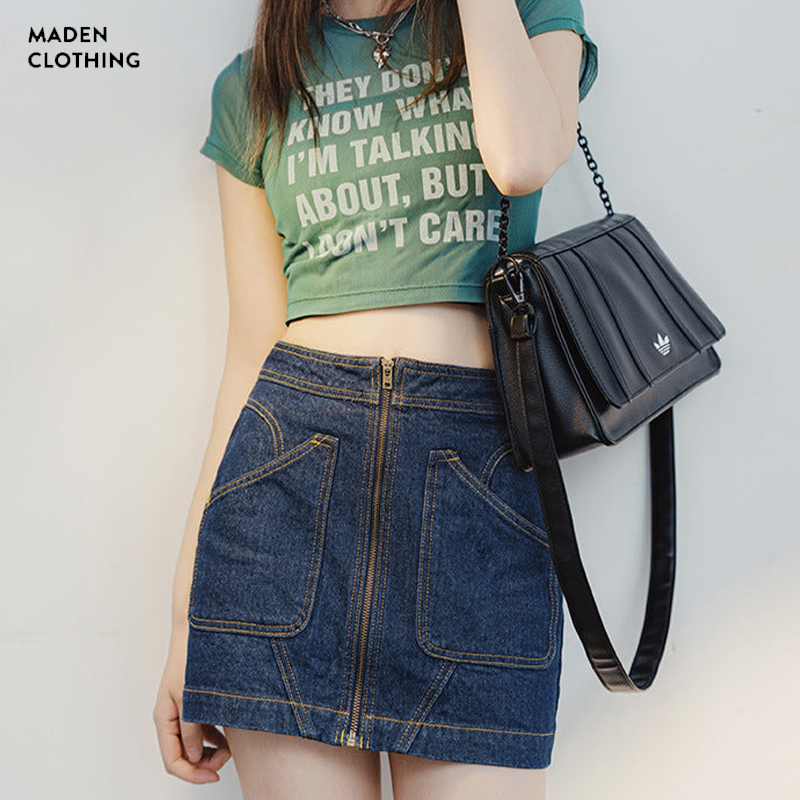 馬登女裝 復古拼接牛仔短裙修身百搭拉鍊設計感牛仔藍A字半身短裙