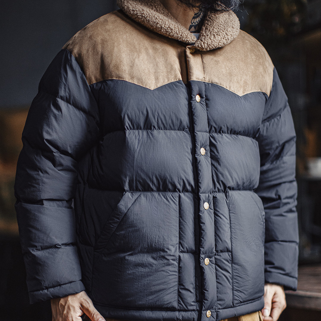 馬登工裝 美式復古撞色絨領90白鴨絨羽絨服翻領保暖夾克外套秋冬