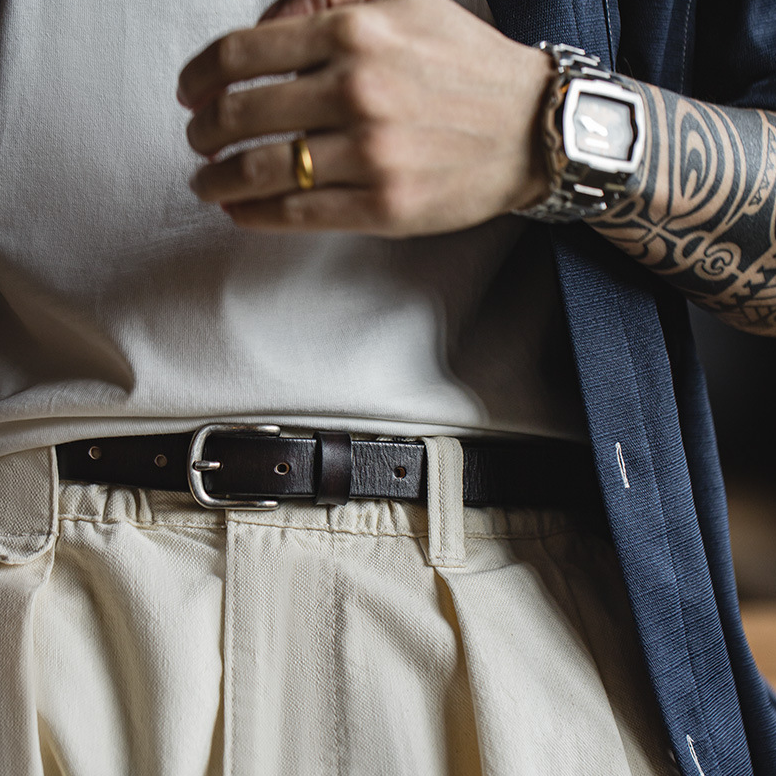 馬登工裝 復古黑色頭層牛皮腰帶阿美咔嘰針扣腰鏈配飾真皮皮帶