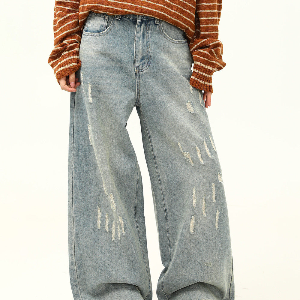 美式復古做舊磨破設計感情侶牛仔褲寬鬆闊腿拖地老爹褲子