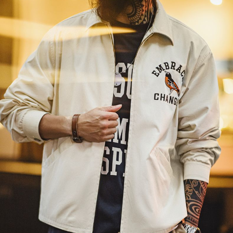 馬登工裝 美式復古刺繡教練夾克寬鬆翻領外套vintage廓形上衣男春