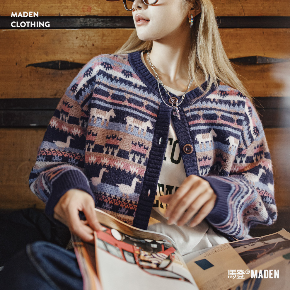 馬登女裝 動物圖案復古寬鬆加厚費爾島針織提花毛衣開衫外套上衣秋冬