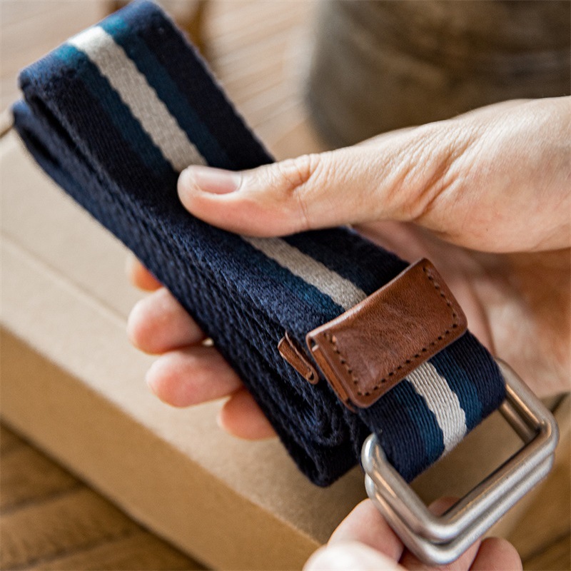 馬登工裝 復古雙環扣條紋腰帶學院風免打孔鬆緊編織帆布配飾褲帶