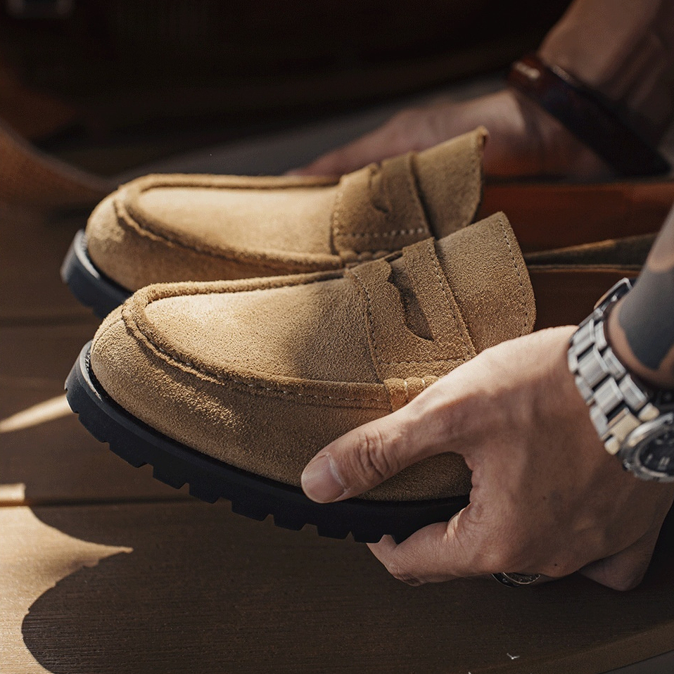 馬登工裝 便士樂福鞋老錢風男士高級感一脚蹬真皮休閒翻毛皮鞋