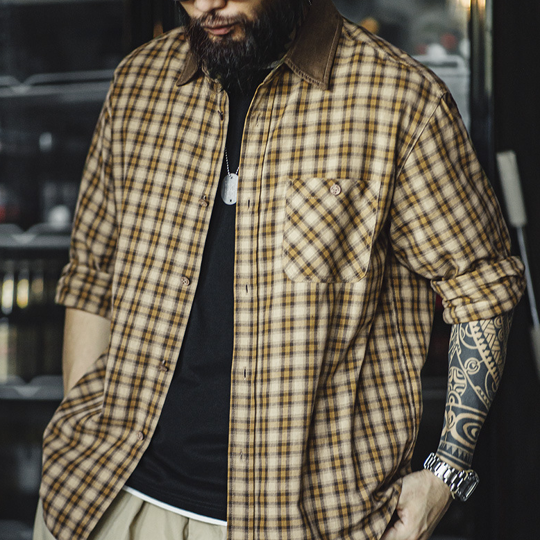 馬登工裝 美式復古蘇格蘭格紋長袖襯衫燈芯絨拼接翻領格子襯衣男秋