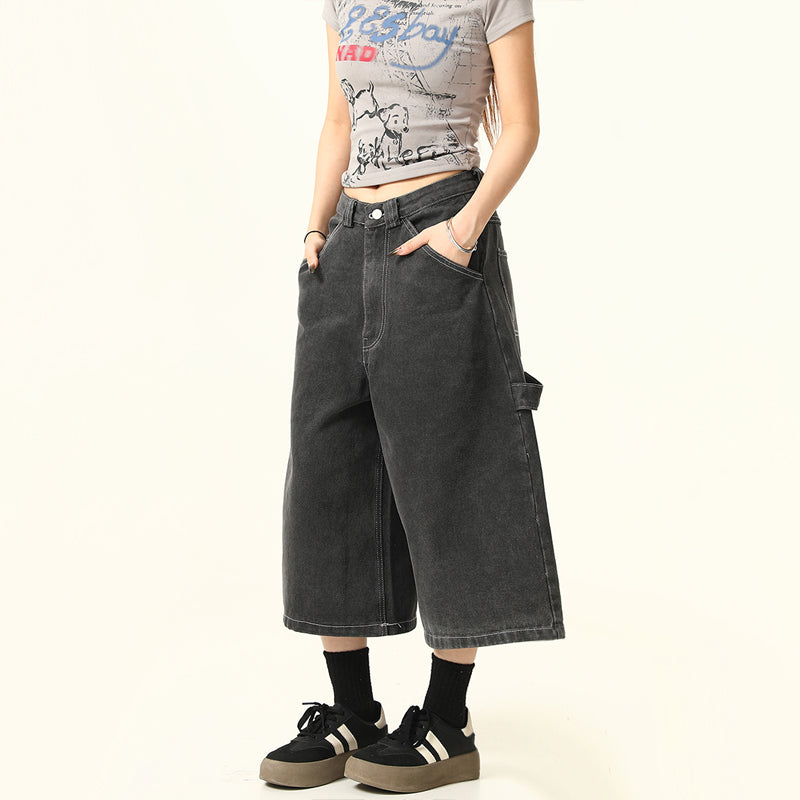 美式復古Vintage水洗牛仔七分褲女夏季寬鬆休閒短褲