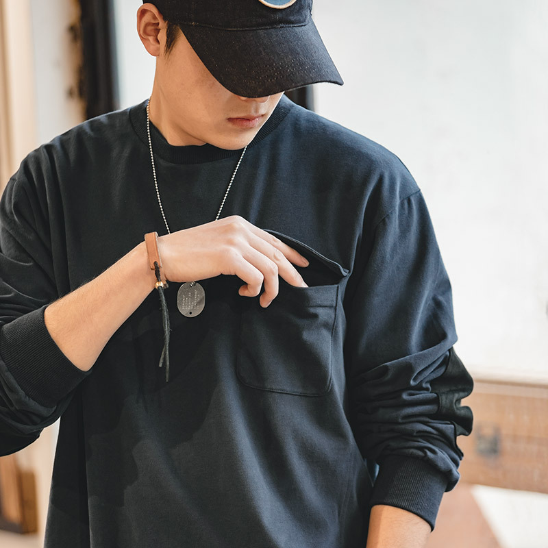 馬登工裝 復古麂皮絨拼接貼布棉長袖T卹寬鬆落肩圓領口袋衛衣