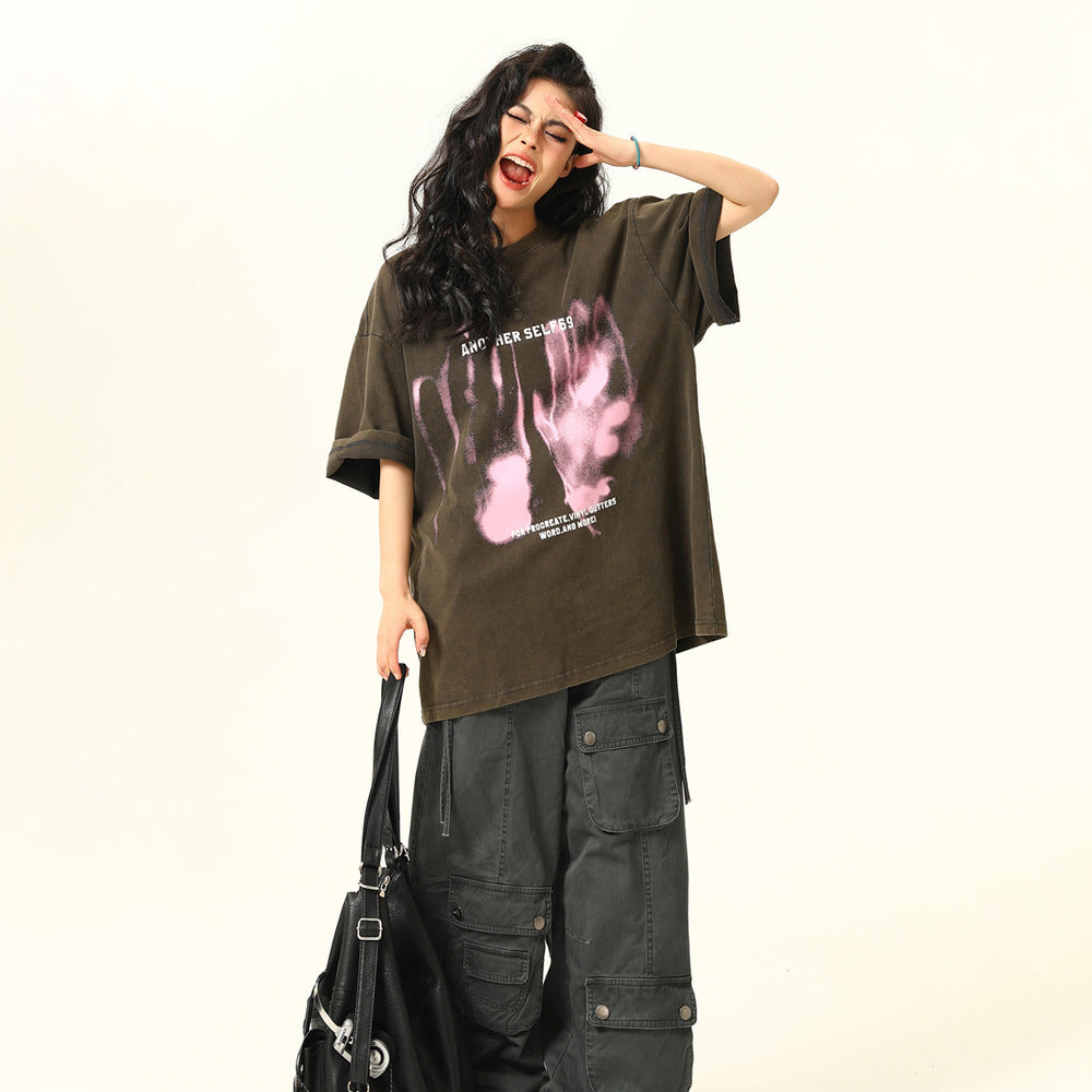 美式復古設計感印花水洗短袖T恤寬鬆情侶上衣潮