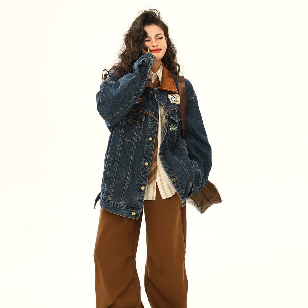 美式復古牛仔外套機車潮牌翻領夾克寬鬆上衣