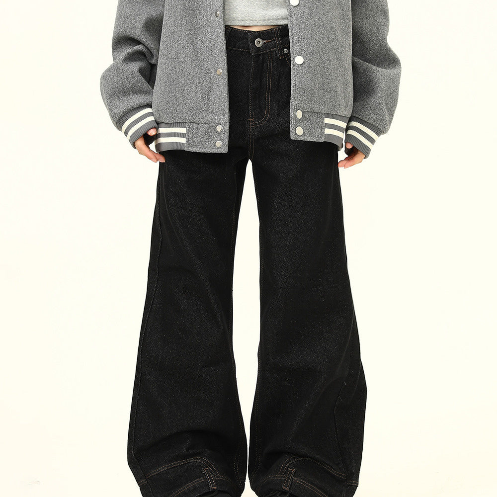美式復古小眾設計感黑色倒裝牛仔褲寬鬆直筒闊腿反穿長褲