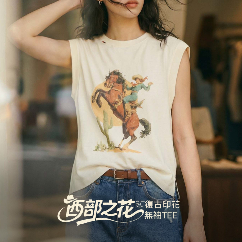 馬登女裝 美式復古薄款西部風印花無袖坎肩T恤背心上衣女士夏外穿