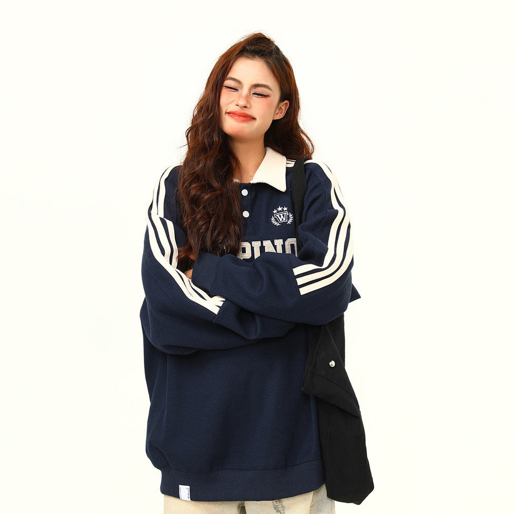 美式復古字母刺繡翻領衛衣秋季百搭潮流休閒寬鬆情侶上衣