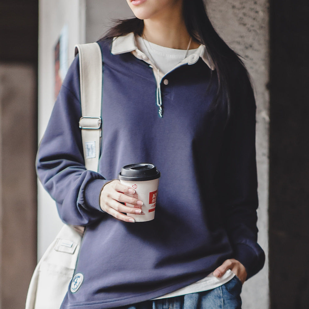 馬登女裝 美式復古長袖Polo衫衛衣撞色T恤打底衫寬鬆上衣