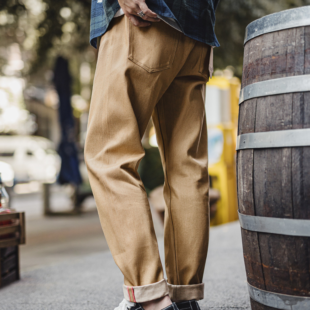 馬登工裝 美式復古西部牛仔褲卡其棕色直筒黃石赤耳原牛休閒褲男秋冬