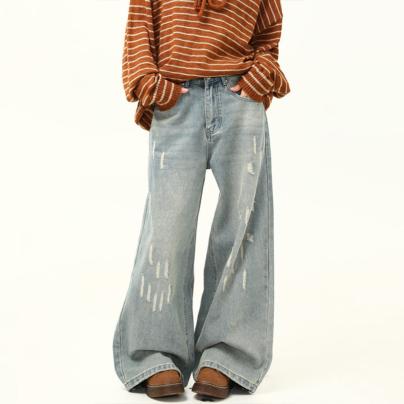 美式復古做舊磨破設計感情侶牛仔褲寬鬆闊腿拖地老爹褲子
