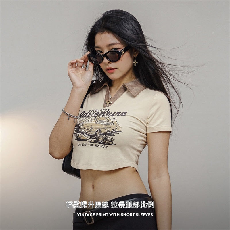 馬登女裝 復古印花Polo衫露腰短款正肩短袖修身顯瘦T恤辣妹鎖骨上衣