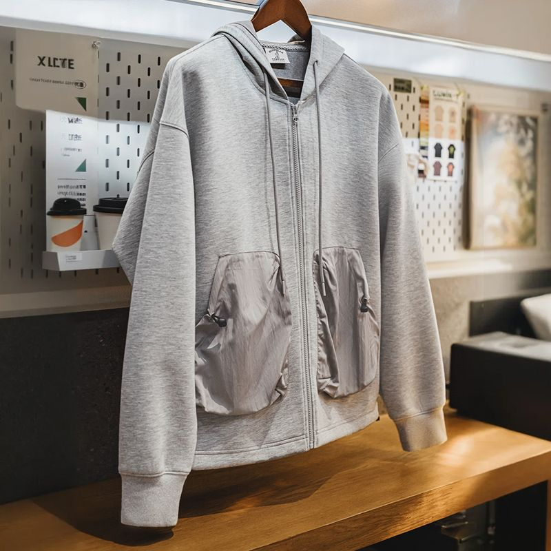 馬登工裝 美式休閒氣層開衫夾克拼接口袋運動連帽外套男秋冬