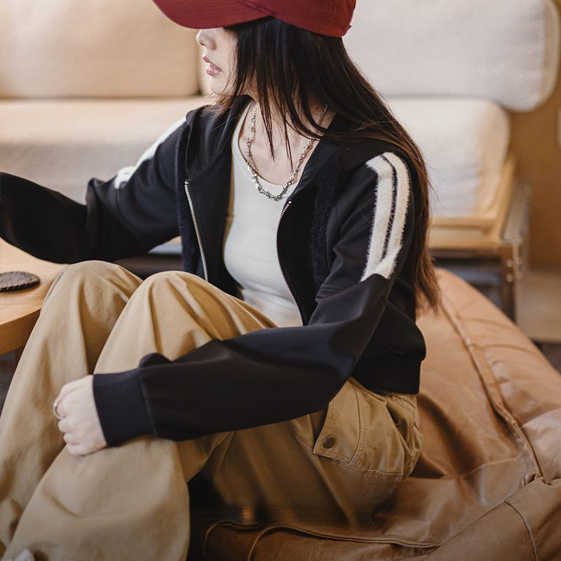 馬登女裝 空氣層hoodie開衫外套條紋毛絨拼接衛衣運動上衣