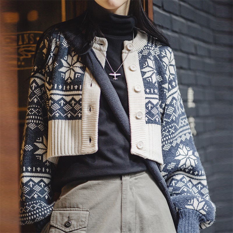 馬登女裝 美式休閒提花針織開衫圓領短款毛衣外套女秋冬