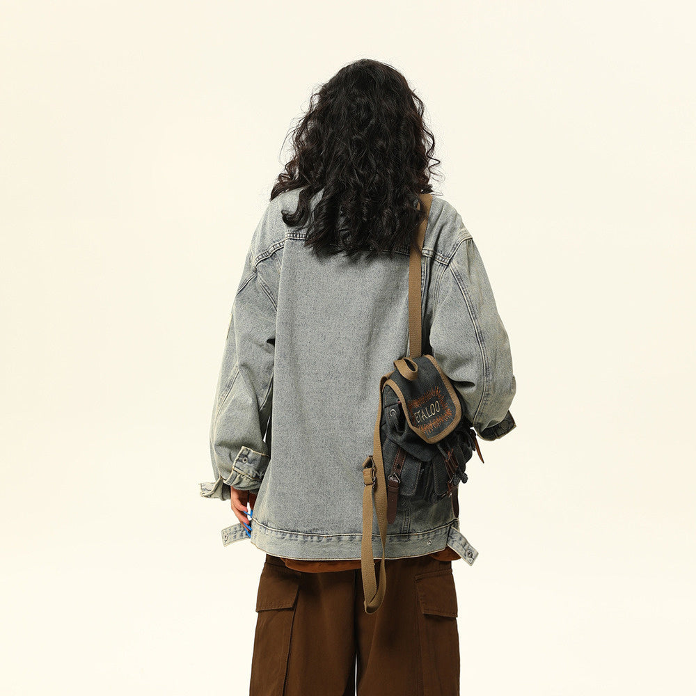 美式復古牛仔外套男女秋季寬鬆休閒vintage立領機車服情侶外套