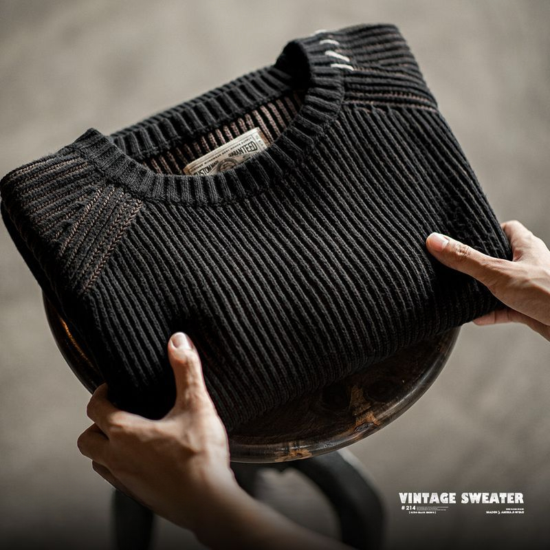 馬登工裝 美式復古豎條紋編織毛衣圓領加厚打底針織衫男秋冬