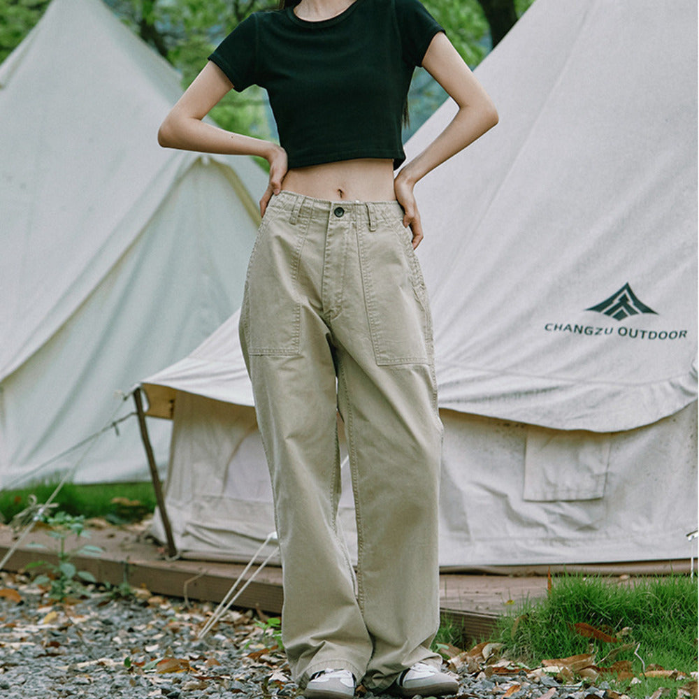 美式復古卡其色直筒工裝褲女百搭休閒褲寬鬆水洗闊腿褲