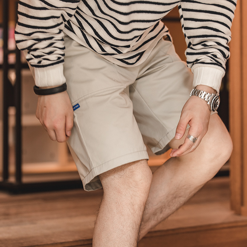 馬登工裝 法式復古純棉短褲鬆緊腰美式五分休閒寬鬆沙灘褲男春夏