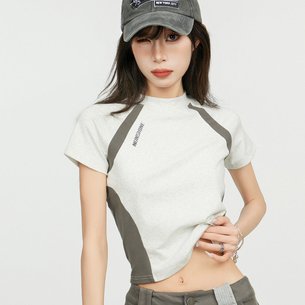 美式拼色正肩短袖T恤女夏季修身設計感小眾辣妹運動短款上衣