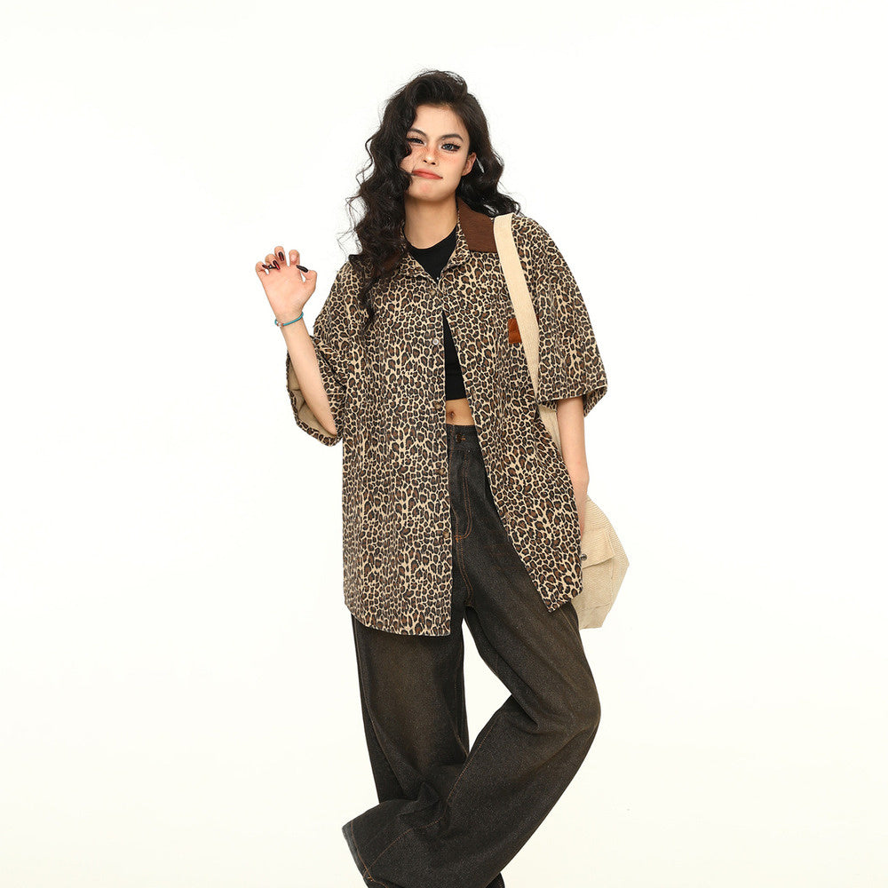 美式復古街頭潮流豹紋短袖襯衫個性休閒翻領襯衣外套