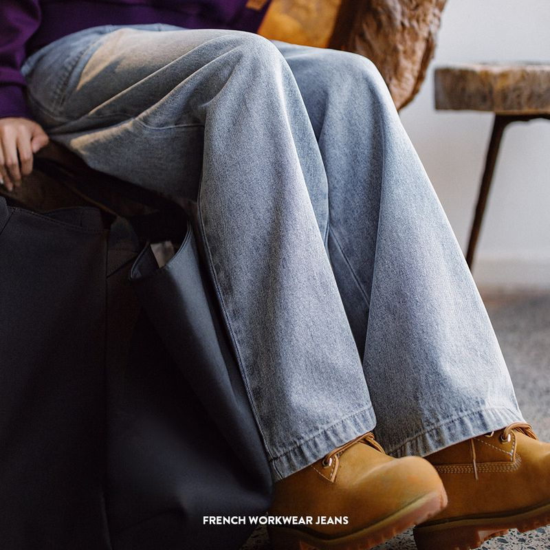 馬登女裝 復古直筒法工褲水洗牛仔褲垂感闊腿褲寬鬆休閒長褲秋冬