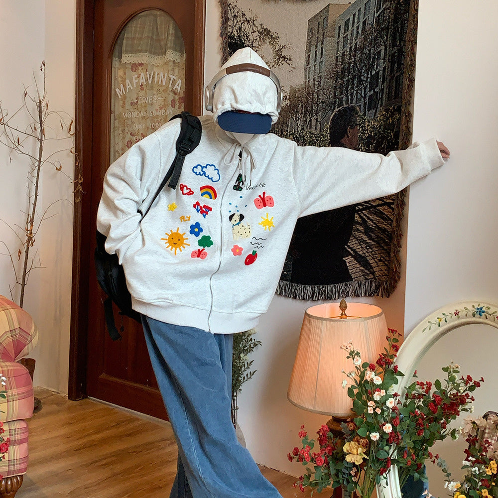 美式復古卡通毛巾繡拉鍊外套秋季休閒寬鬆連帽衛衣開衫外套