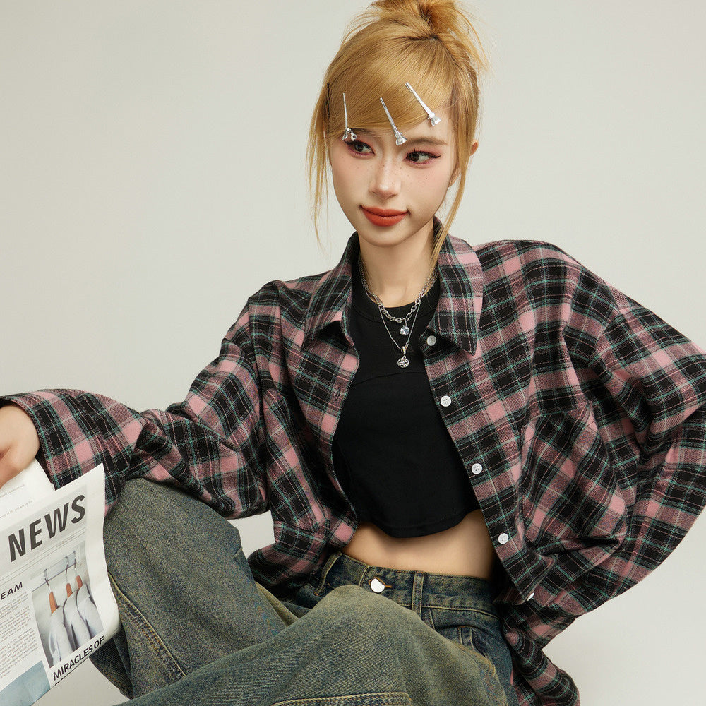 美式復古格子長袖襯衫外套女秋設計感小眾襯衣上衣