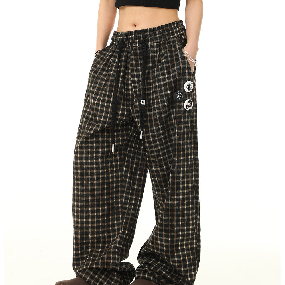 美式復古格子褲寬鬆垂感闊腿休閒褲鬆緊腰抽繩潮牌長褲