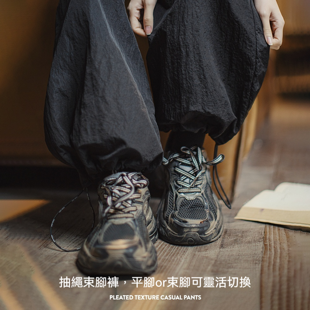 馬登女裝 夏季黑色鬆弛感休閒褲寬鬆工裝褲闊腿顯瘦抽繩束脚長褲