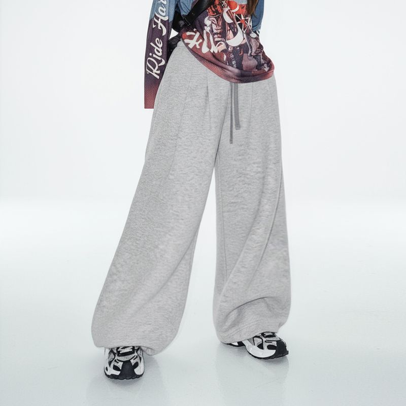 馬登女裝 休閒闊腿直筒長衛褲鬆緊腰抽繩束脚垂墜感糯米褲子秋冬