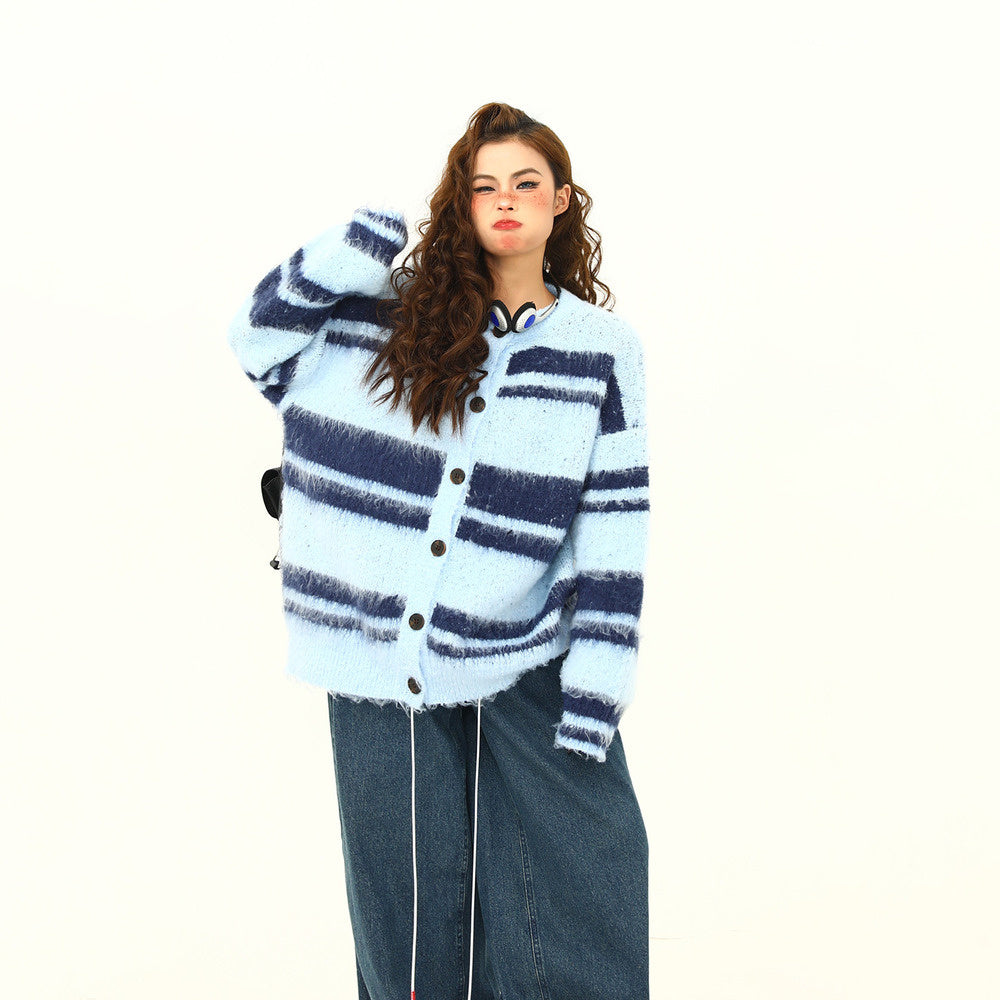 美式復古軟糯仿貂毛針織衫外套秋冬條紋慵懶寬鬆情侶外套