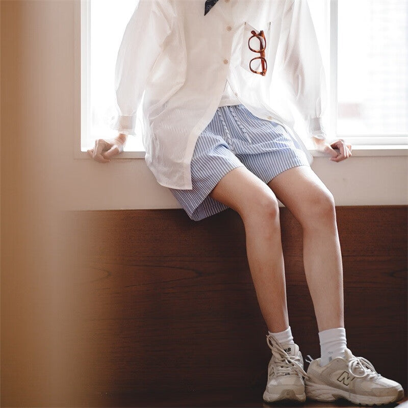 馬登女裝 藍白條紋休閒A字短褲純棉寬鬆顯瘦高腰運動闊腿短褲