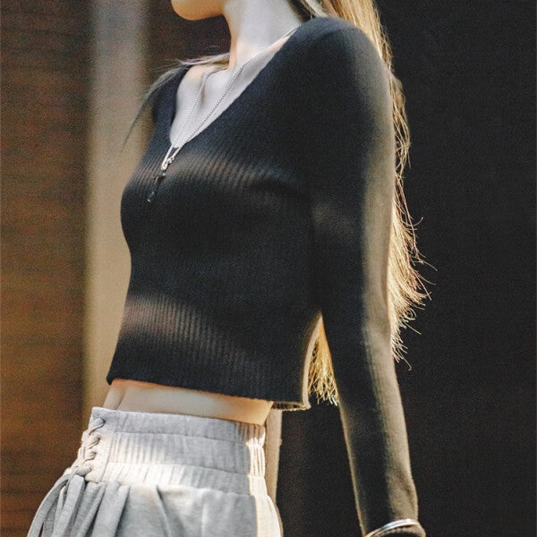 馬登女裝 美式復古針織衫純棉內搭外穿V領短款打底衫修身上衣