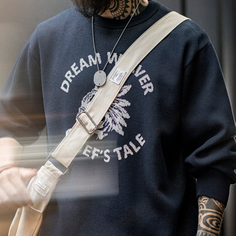 馬登工裝 美式復古仿亞麻字母撞色毛衣阿美哢嘰套頭圓領針織衫男秋冬