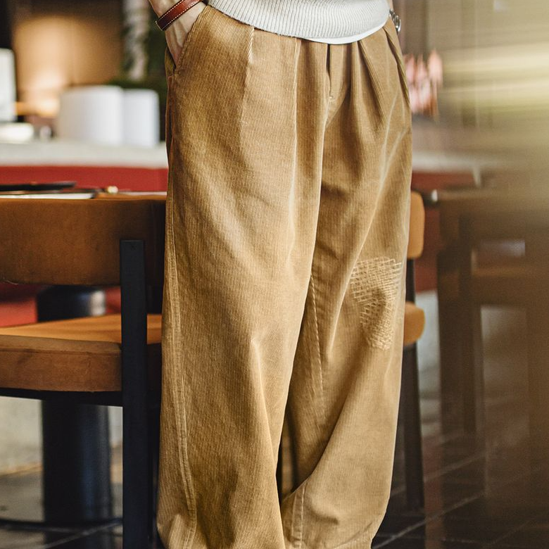 馬登工裝 美式復古燈芯絨補丁休閒褲vintage寬鬆闊腿直筒褲男秋冬