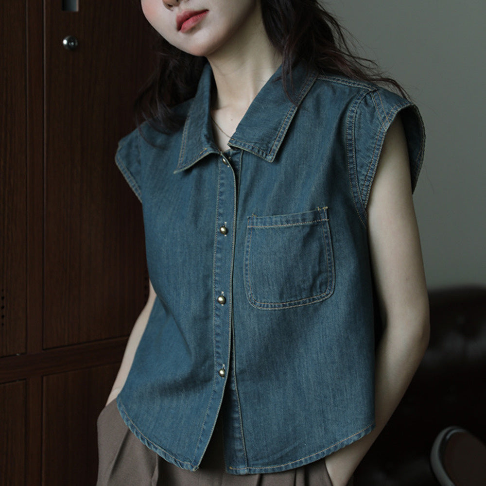 牛仔深藍色百搭簡約氣質復古設計感無袖襯衫女時尚上衣